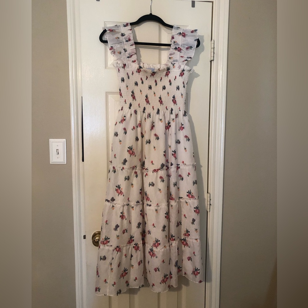 Hill House “The Ellie Nap Dress” Ivory Ilat Floral Crushed Taffeta - Size Medium